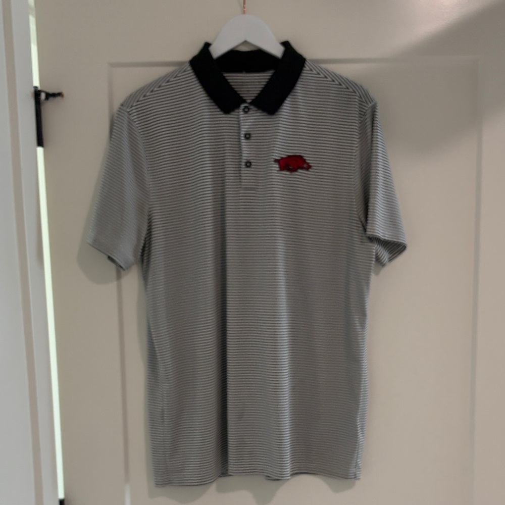 Arkansas Logo - Nike Black and White Striped Polo Shirt with discoloration